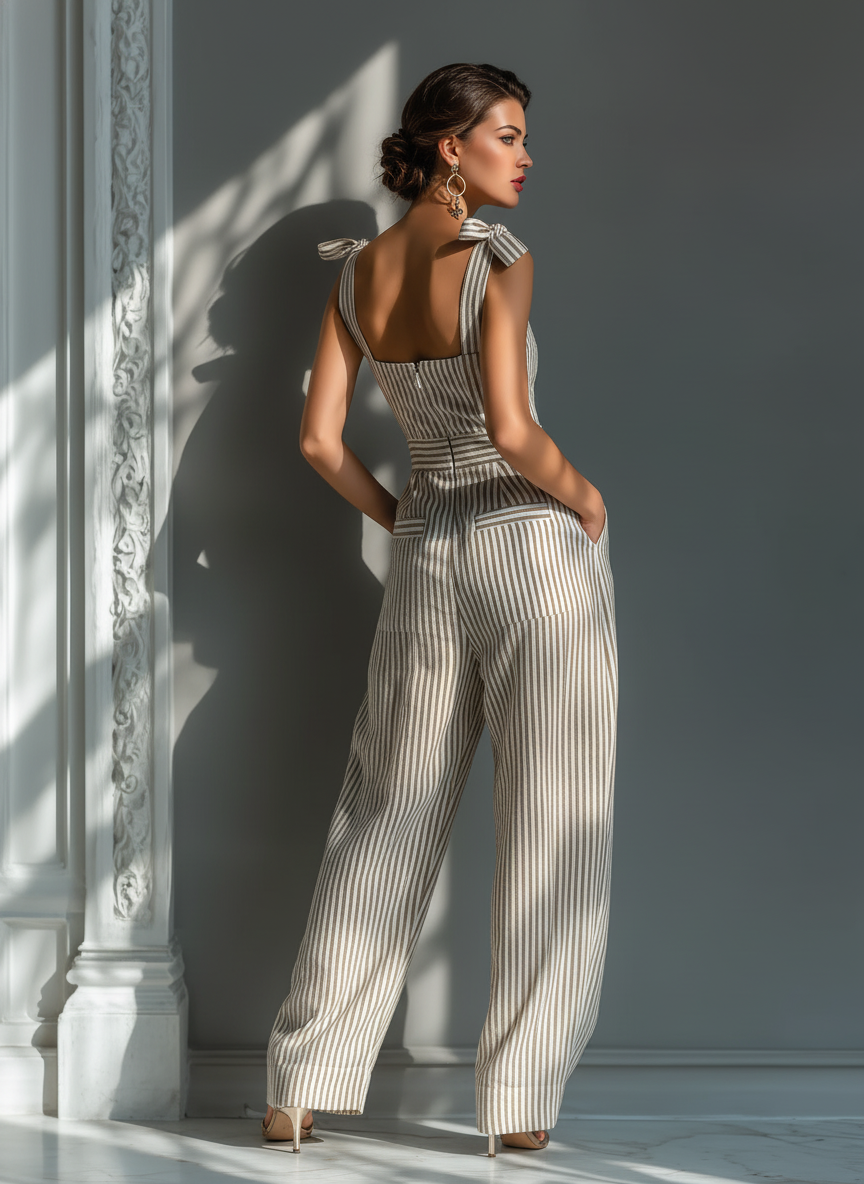 Céleste - Tuta in Lino Misto a Righe Beige e Bianca