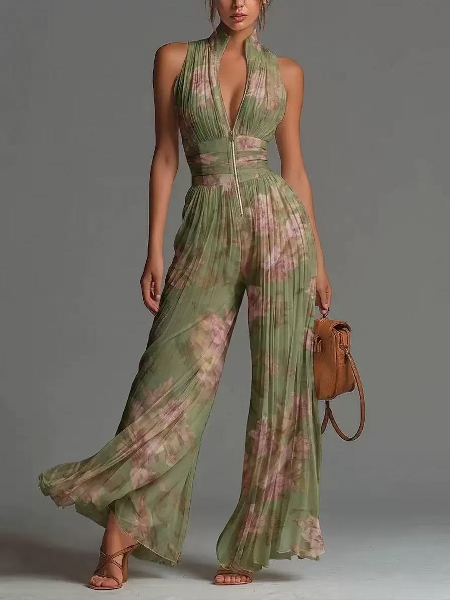 Tuta in chiffon bianca senza maniche con scollo a V, zip e pantaloni a gamba larga plissettati