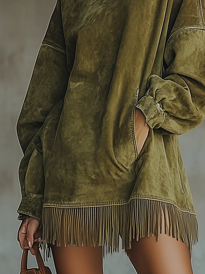 Gabriela | Vestito in Suede con Collo Alto e Frange