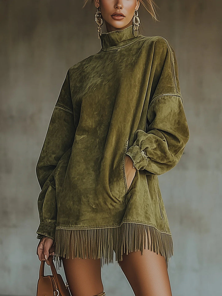 Gabriela | Vestito in Suede con Collo Alto e Frange
