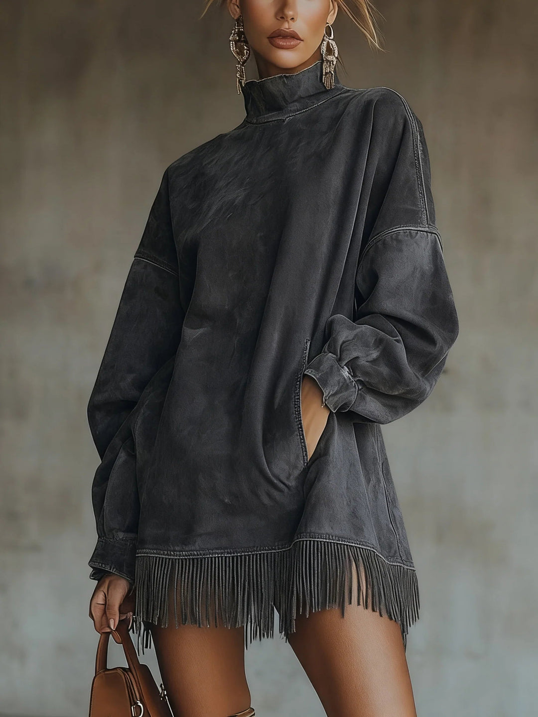 Gabriela | Vestito in Suede con Collo Alto e Frange