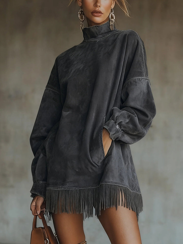 Gabriela | Vestito in Suede con Collo Alto e Frange