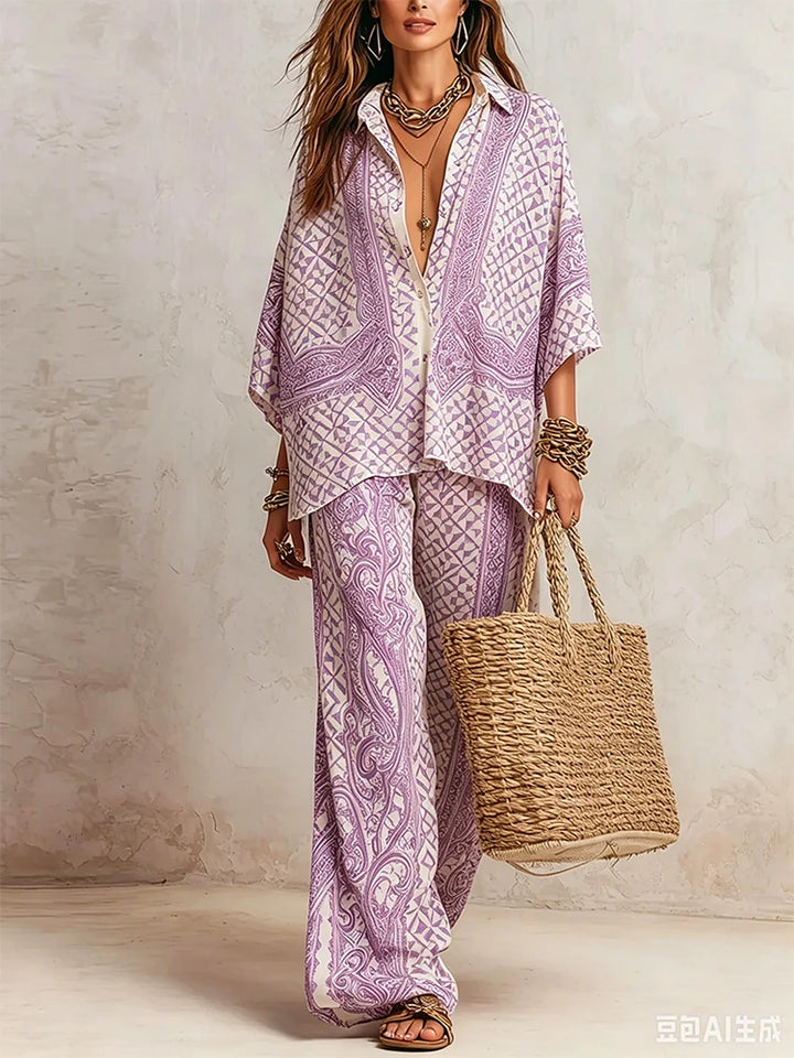 Completo da Donna a Stampa in 2 Pezzi, Camicia a Maniche Corte con Bottoni, Pantaloni a Vita Alta e Gamba Larga, Set Coordinato Estivo Casual Boho