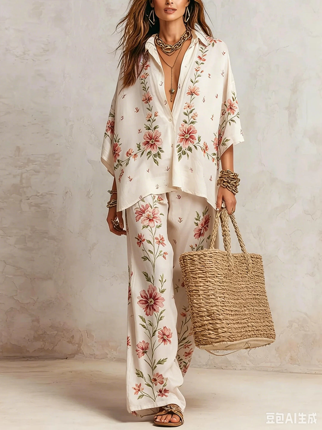 Completo da Donna a Stampa in 2 Pezzi, Camicia a Maniche Corte con Bottoni, Pantaloni a Vita Alta e Gamba Larga, Set Coordinato Estivo Casual Boho