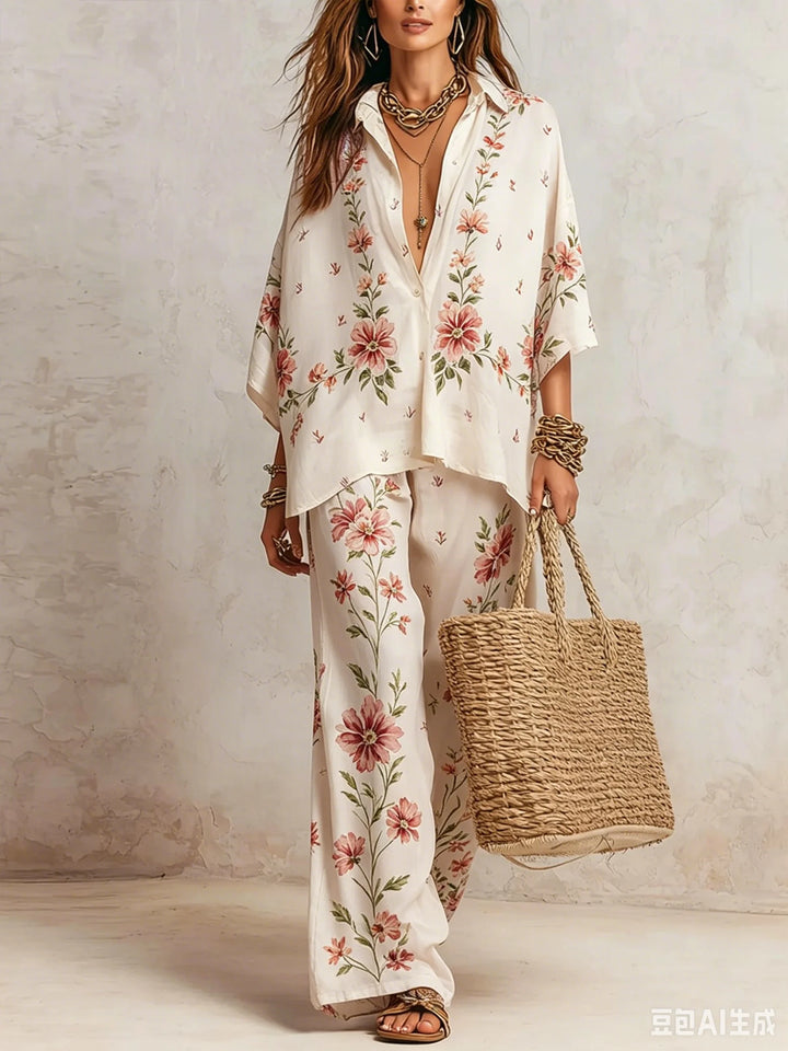 Completo da Donna a Stampa in 2 Pezzi, Camicia a Maniche Corte con Bottoni, Pantaloni a Vita Alta e Gamba Larga, Set Coordinato Estivo Casual Boho