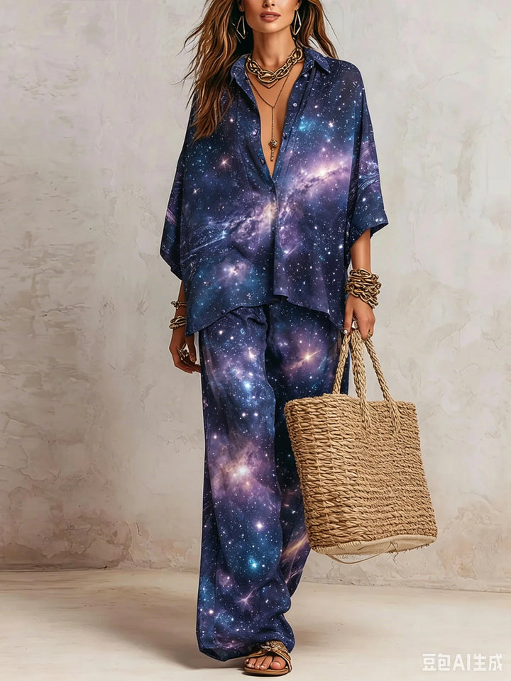 Completo da Donna a Stampa in 2 Pezzi, Camicia a Maniche Corte con Bottoni, Pantaloni a Vita Alta e Gamba Larga, Set Coordinato Estivo Casual Boho