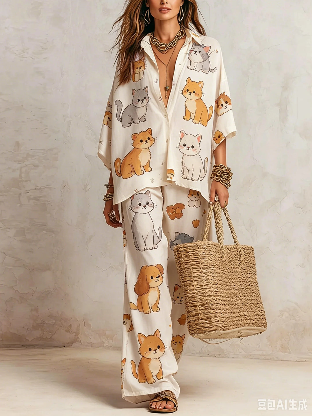 Completo da Donna a Stampa in 2 Pezzi, Camicia a Maniche Corte con Bottoni, Pantaloni a Vita Alta e Gamba Larga, Set Coordinato Estivo Casual Boho