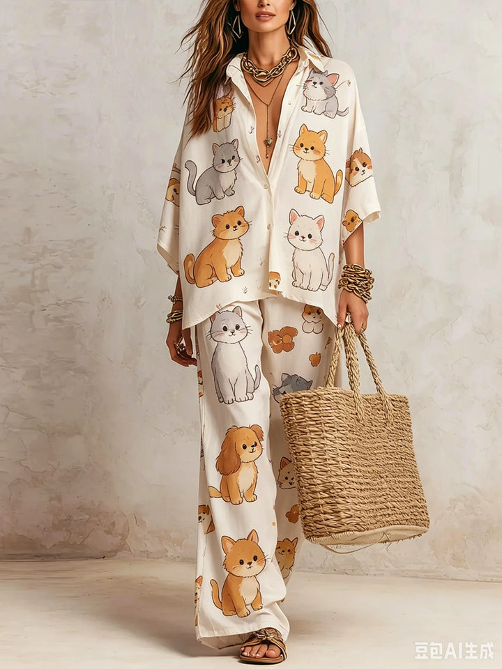 Completo da Donna a Stampa in 2 Pezzi, Camicia a Maniche Corte con Bottoni, Pantaloni a Vita Alta e Gamba Larga, Set Coordinato Estivo Casual Boho