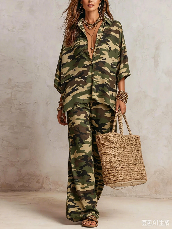 Completo da Donna a Stampa in 2 Pezzi, Camicia a Maniche Corte con Bottoni, Pantaloni a Vita Alta e Gamba Larga, Set Coordinato Estivo Casual Boho