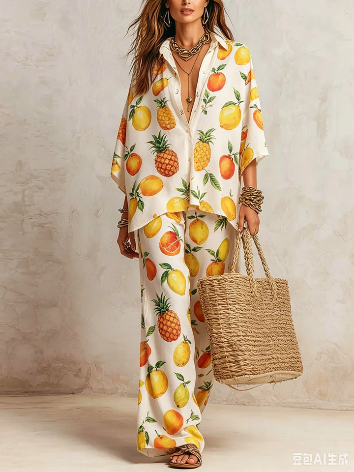 Completo da Donna a Stampa in 2 Pezzi, Camicia a Maniche Corte con Bottoni, Pantaloni a Vita Alta e Gamba Larga, Set Coordinato Estivo Casual Boho