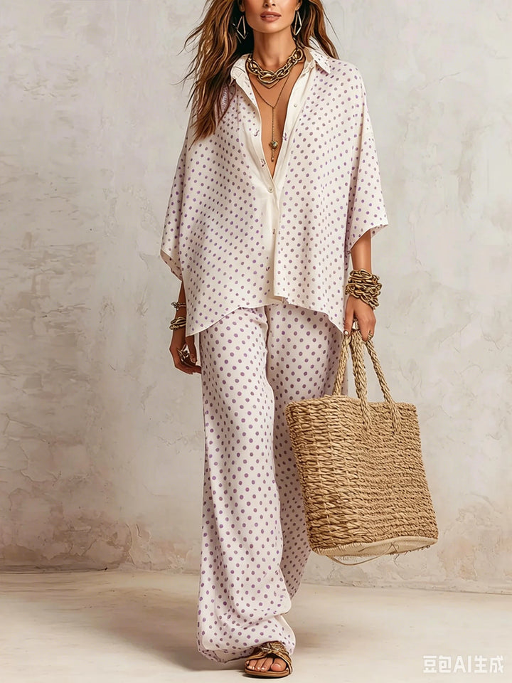Completo da Donna a Stampa in 2 Pezzi, Camicia a Maniche Corte con Bottoni, Pantaloni a Vita Alta e Gamba Larga, Set Coordinato Estivo Casual Boho
