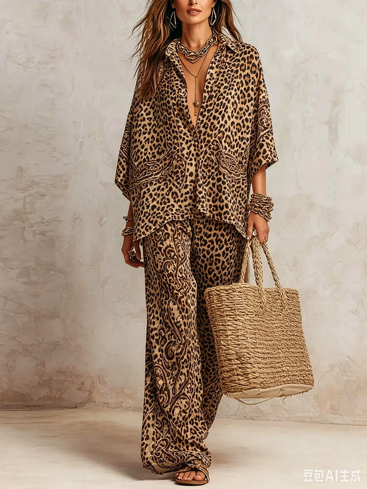 Completo da Donna a Stampa in 2 Pezzi, Camicia a Maniche Corte con Bottoni, Pantaloni a Vita Alta e Gamba Larga, Set Coordinato Estivo Casual Boho