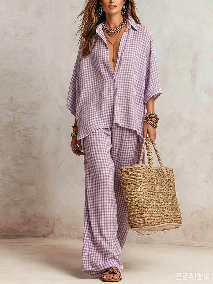 Completo da Donna a Stampa in 2 Pezzi, Camicia a Maniche Corte con Bottoni, Pantaloni a Vita Alta e Gamba Larga, Set Coordinato Estivo Casual Boho