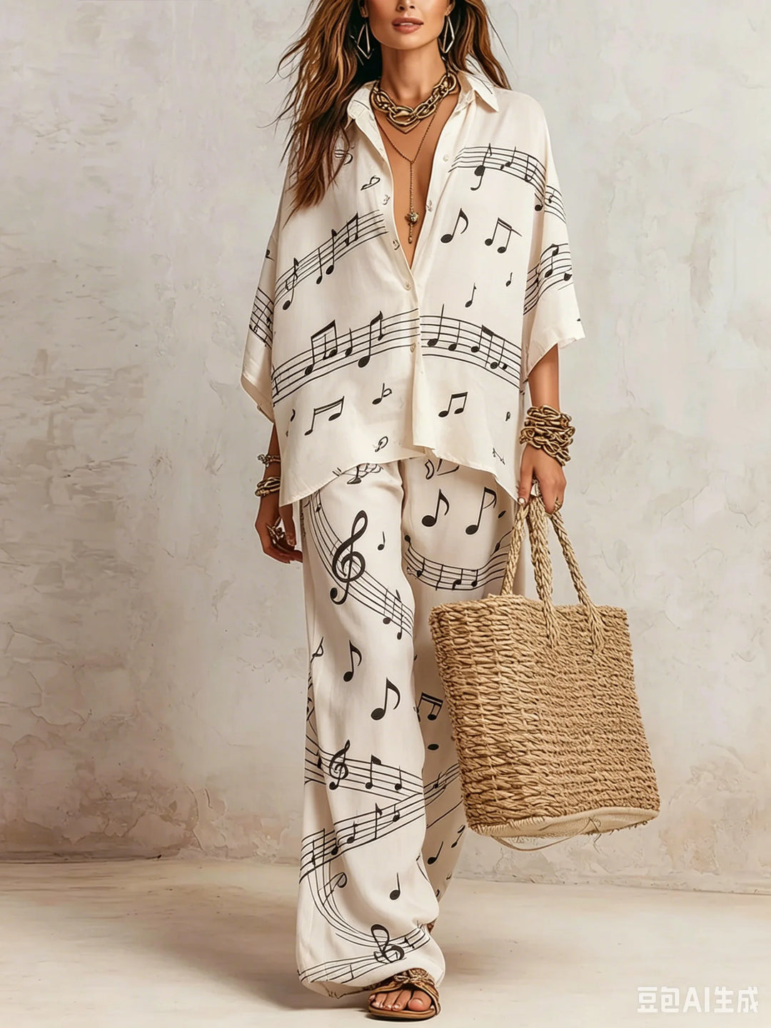 Completo da Donna a Stampa in 2 Pezzi, Camicia a Maniche Corte con Bottoni, Pantaloni a Vita Alta e Gamba Larga, Set Coordinato Estivo Casual Boho