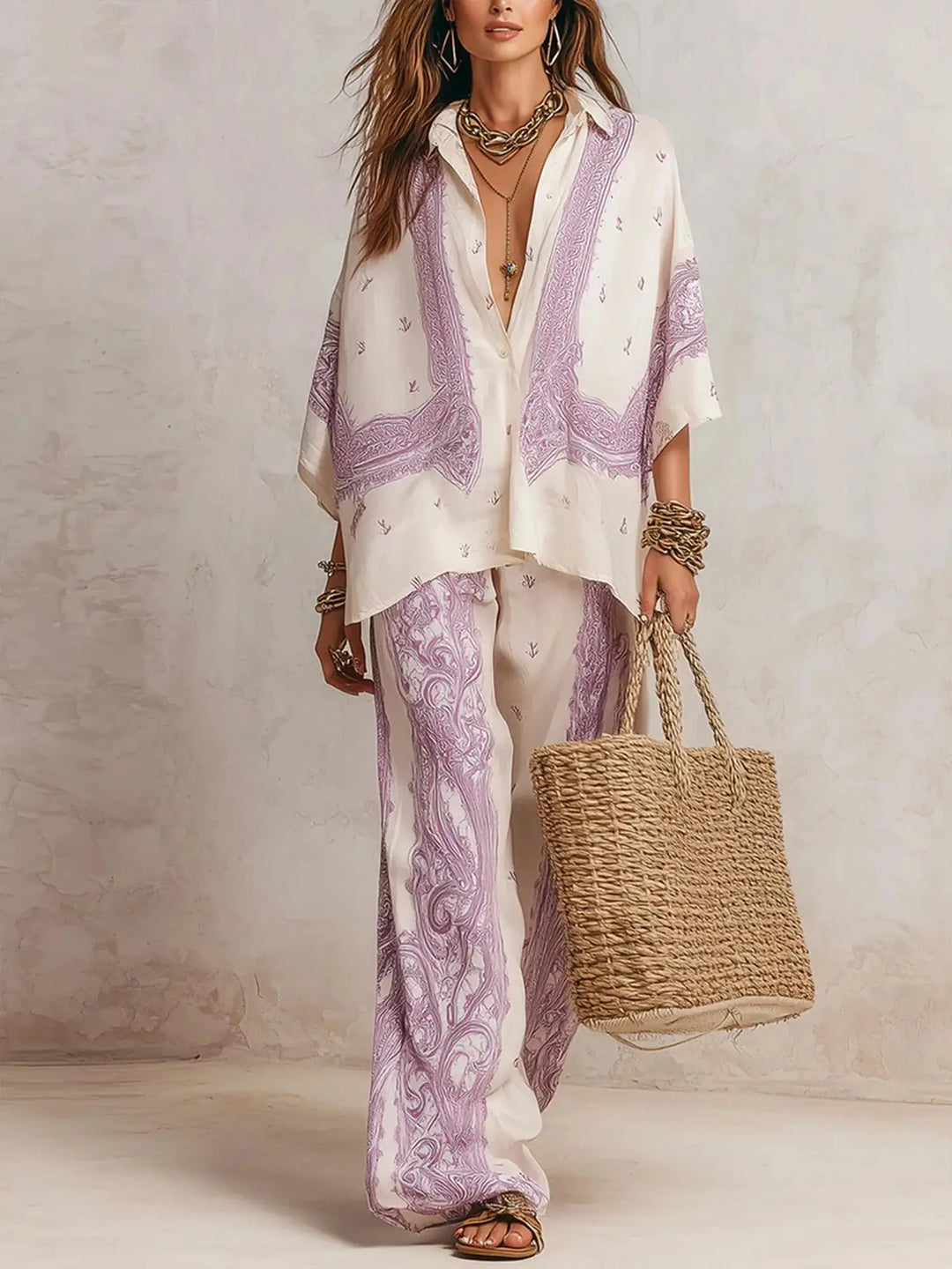 Completo da Donna a Stampa in 2 Pezzi, Camicia a Maniche Corte con Bottoni, Pantaloni a Vita Alta e Gamba Larga, Set Coordinato Estivo Casual Boho