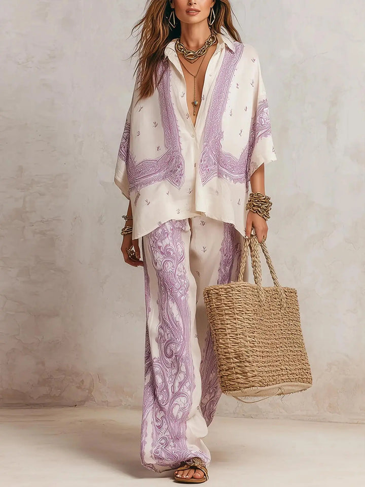 Completo da Donna a Stampa in 2 Pezzi, Camicia a Maniche Corte con Bottoni, Pantaloni a Vita Alta e Gamba Larga, Set Coordinato Estivo Casual Boho