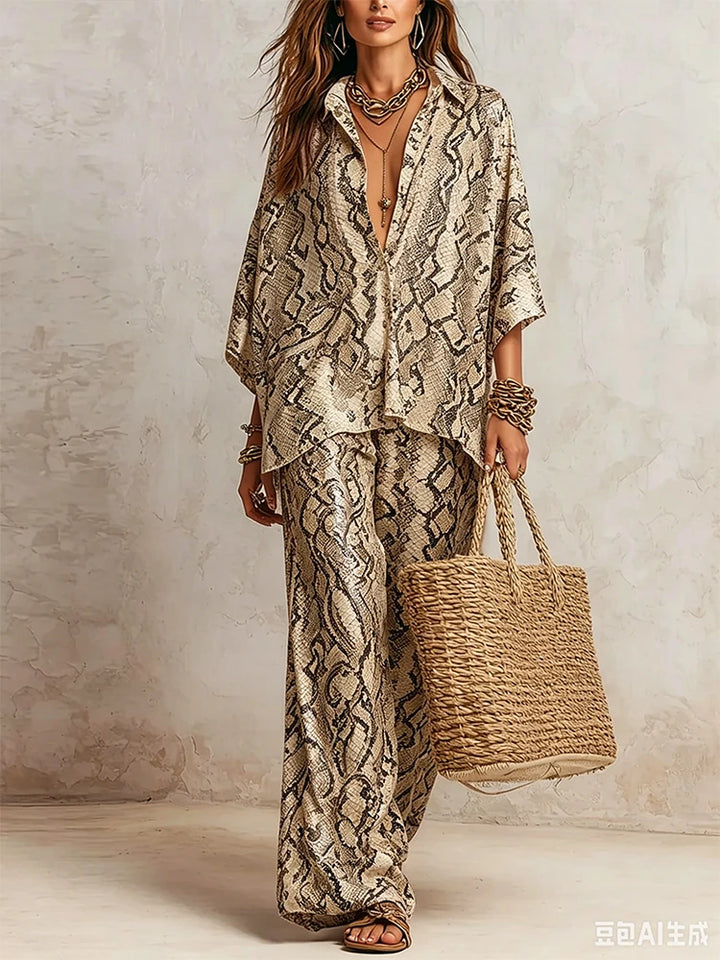 Completo da Donna a Stampa in 2 Pezzi, Camicia a Maniche Corte con Bottoni, Pantaloni a Vita Alta e Gamba Larga, Set Coordinato Estivo Casual Boho