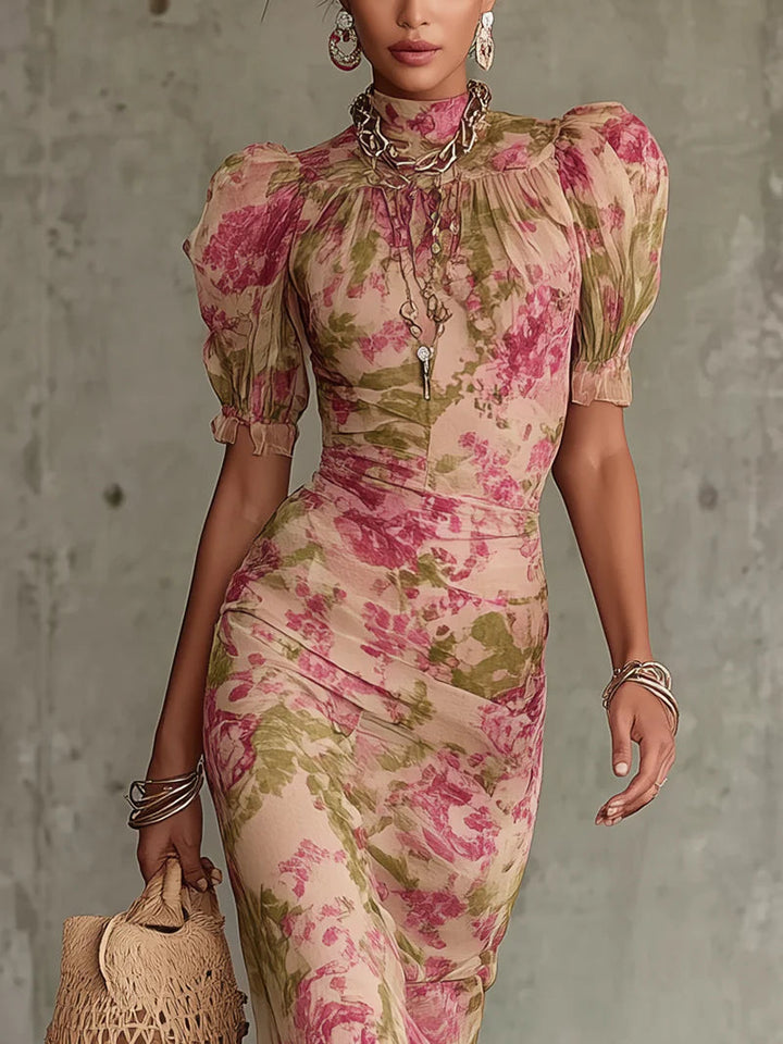 Abito Maxi con Stampa di Rose Vintage e Maniche a Palloncino