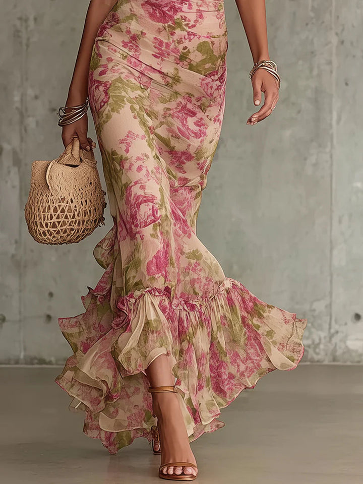 Abito Maxi con Stampa di Rose Vintage e Maniche a Palloncino