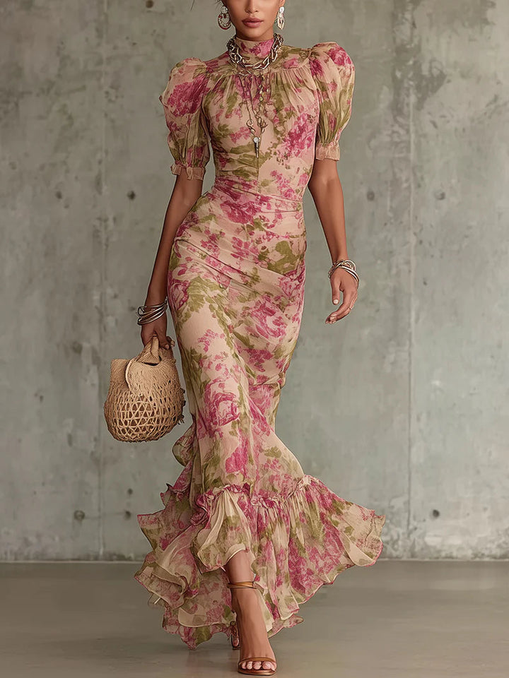 Abito Maxi con Stampa di Rose Vintage e Maniche a Palloncino