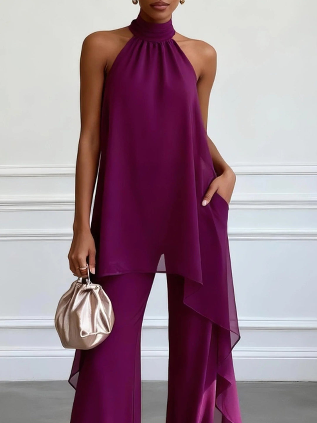 Top Elegante Viola Senza Maniche con Pantaloni Set Due Pezzi