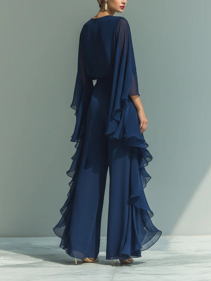 Set Top in Chiffon con Maniche a Campana e Pantaloni Ruffle