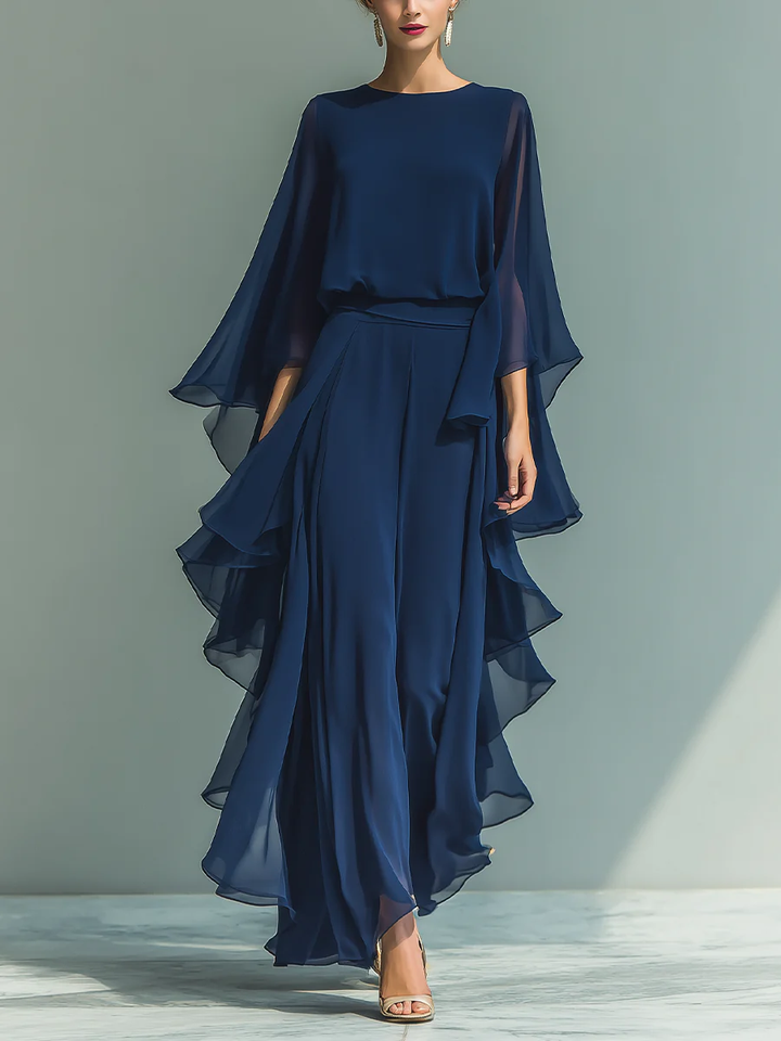 Set Top in Chiffon con Maniche a Campana e Pantaloni Ruffle
