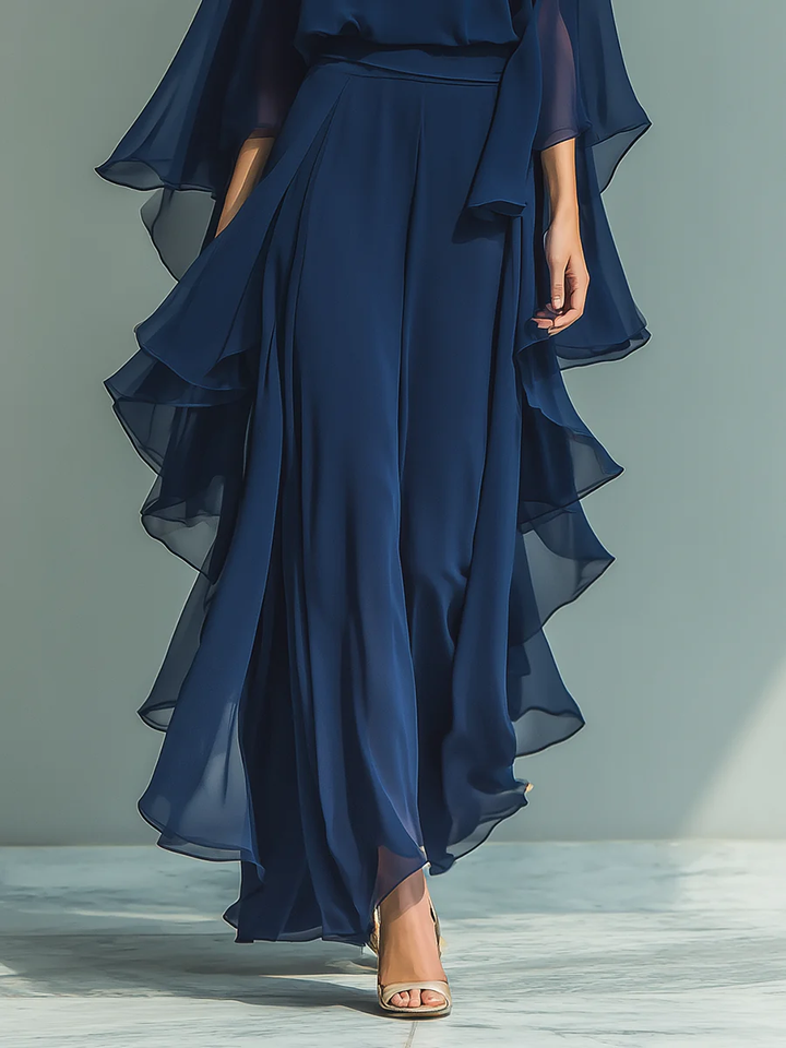 Set Top in Chiffon con Maniche a Campana e Pantaloni Ruffle