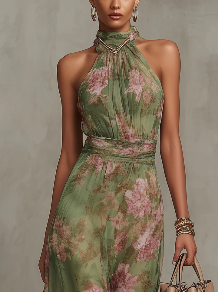 Abito Maxi Halter in Chiffon Verde a Fiori