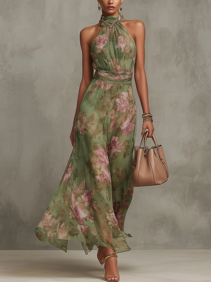 Abito Maxi Halter in Chiffon Verde a Fiori