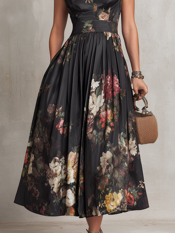 Abito midi in satin plissettato con colletto a chiave nera