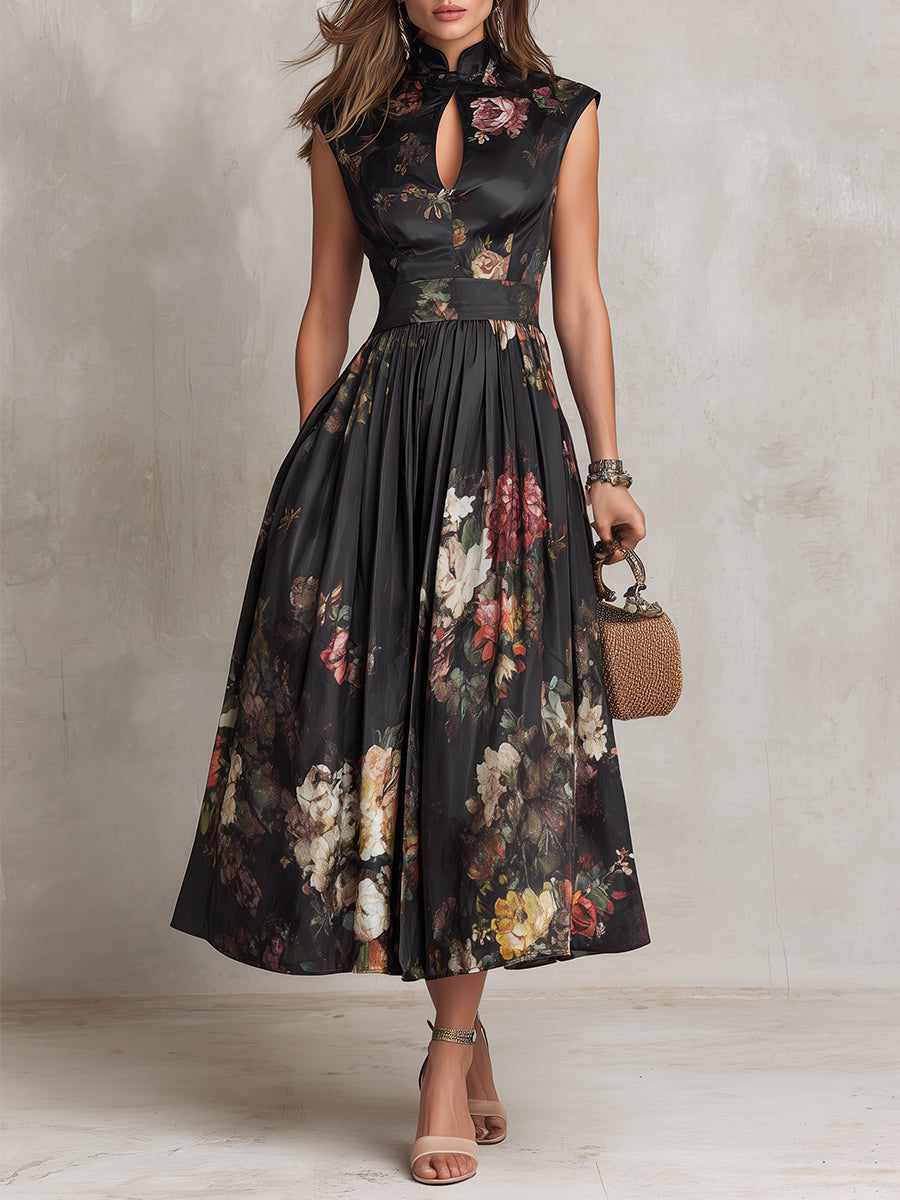 Abito midi in satin plissettato con colletto a chiave nera