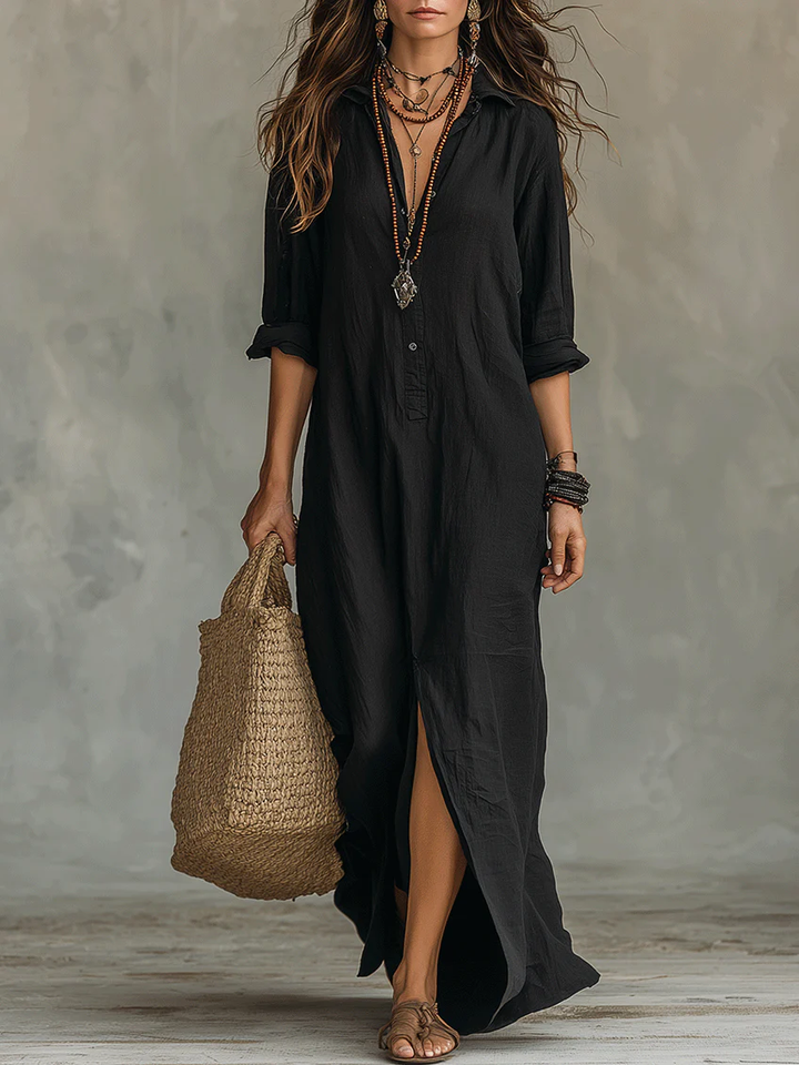 Alessia - Maxi Dress Nero Morbido con Bottoni
