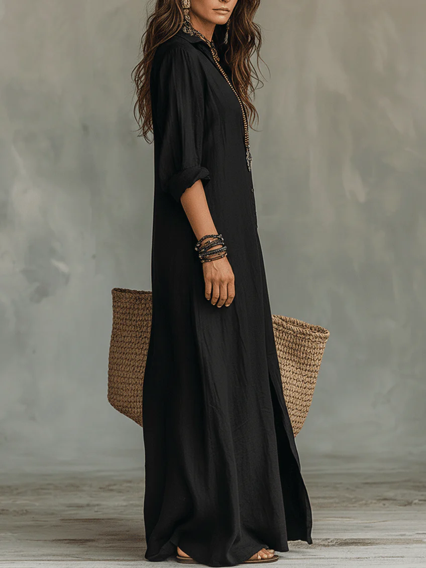 Alessia - Maxi Dress Nero Morbido con Bottoni