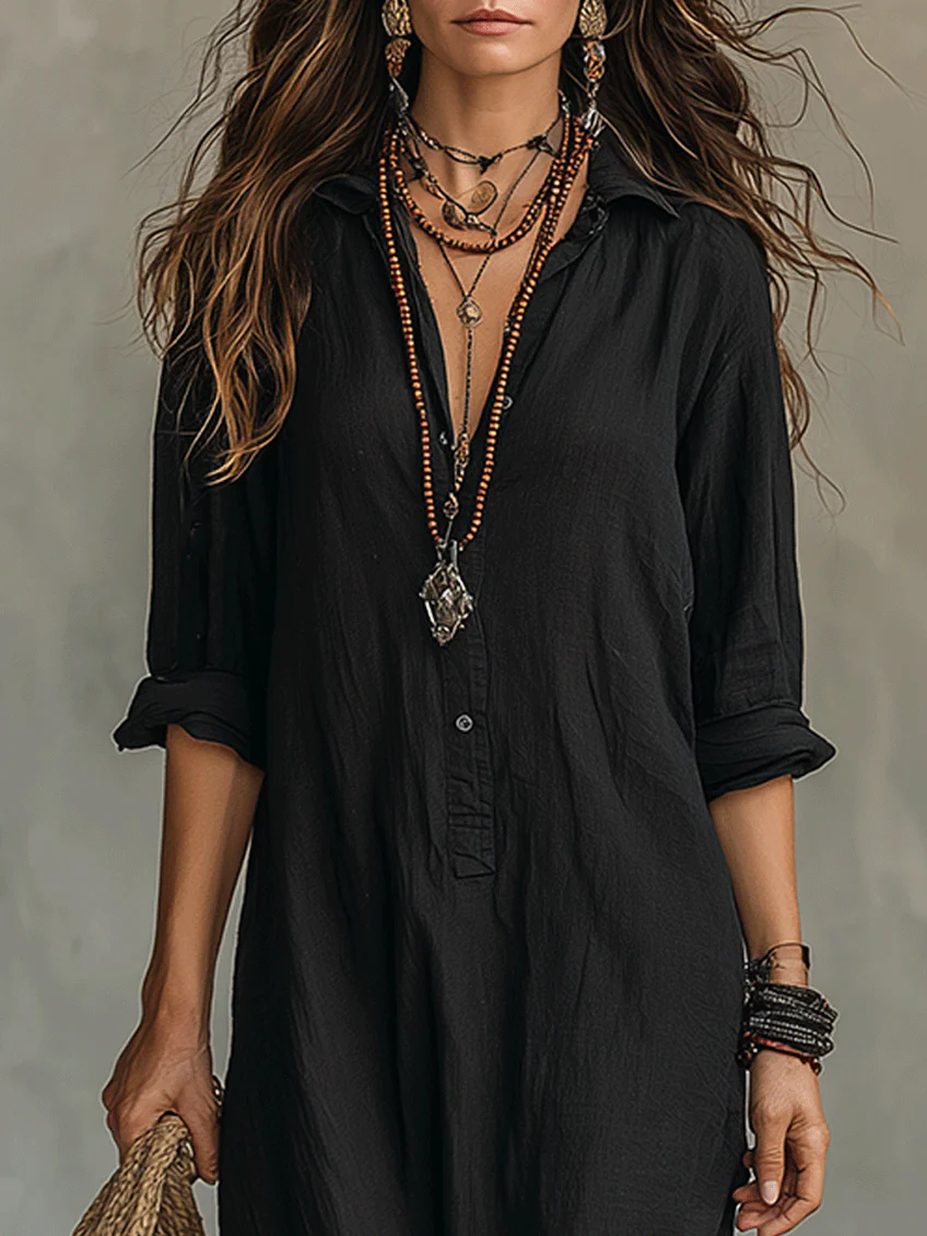Alessia - Maxi Dress Nero Morbido con Bottoni