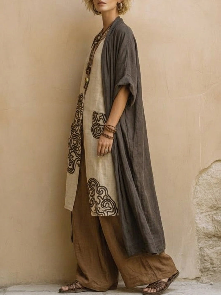 Set di Tre Pezzi con Motivo Tribale Bohemien Nomade Grigio Scuro e Marrone