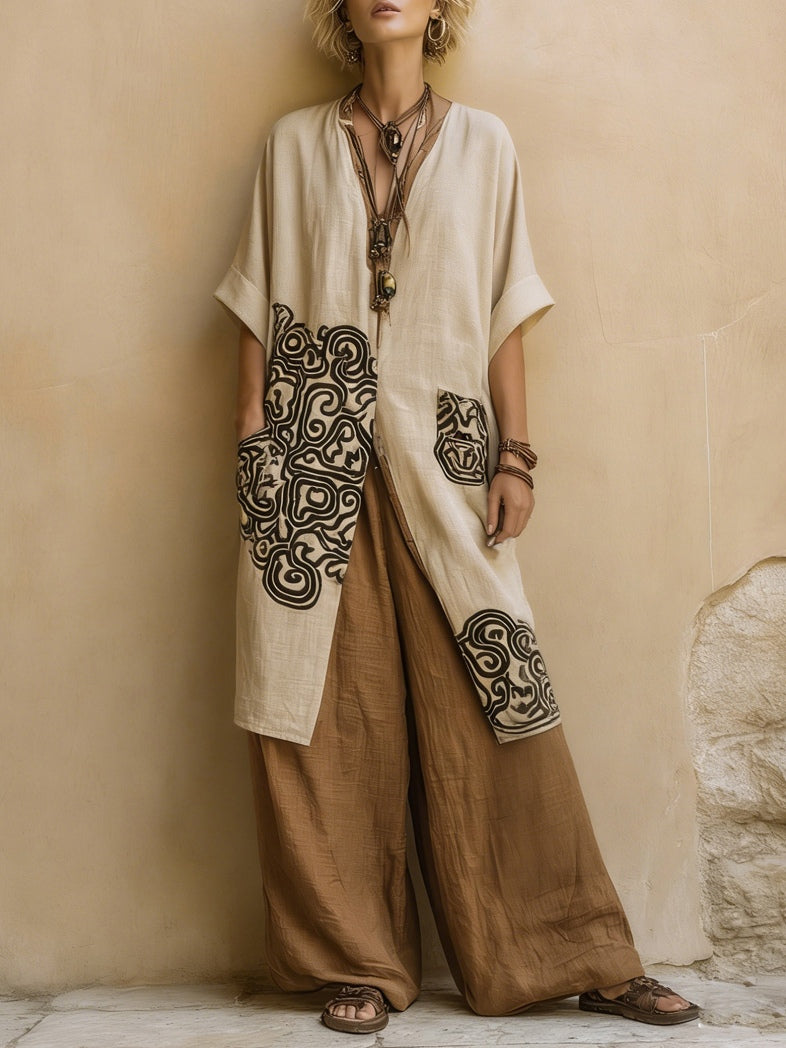 Set di Tre Pezzi con Motivo Tribale Bohemien Nomade Grigio Scuro e Marrone
