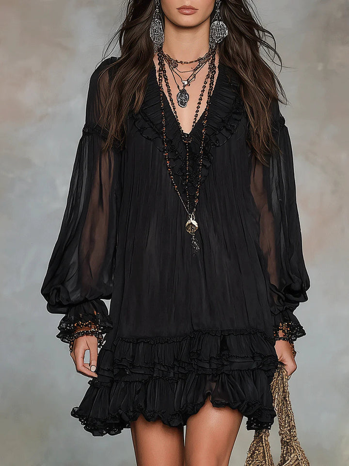 Abito Mini in Chiffon Nero con Maniche a Lanternina e Rouches