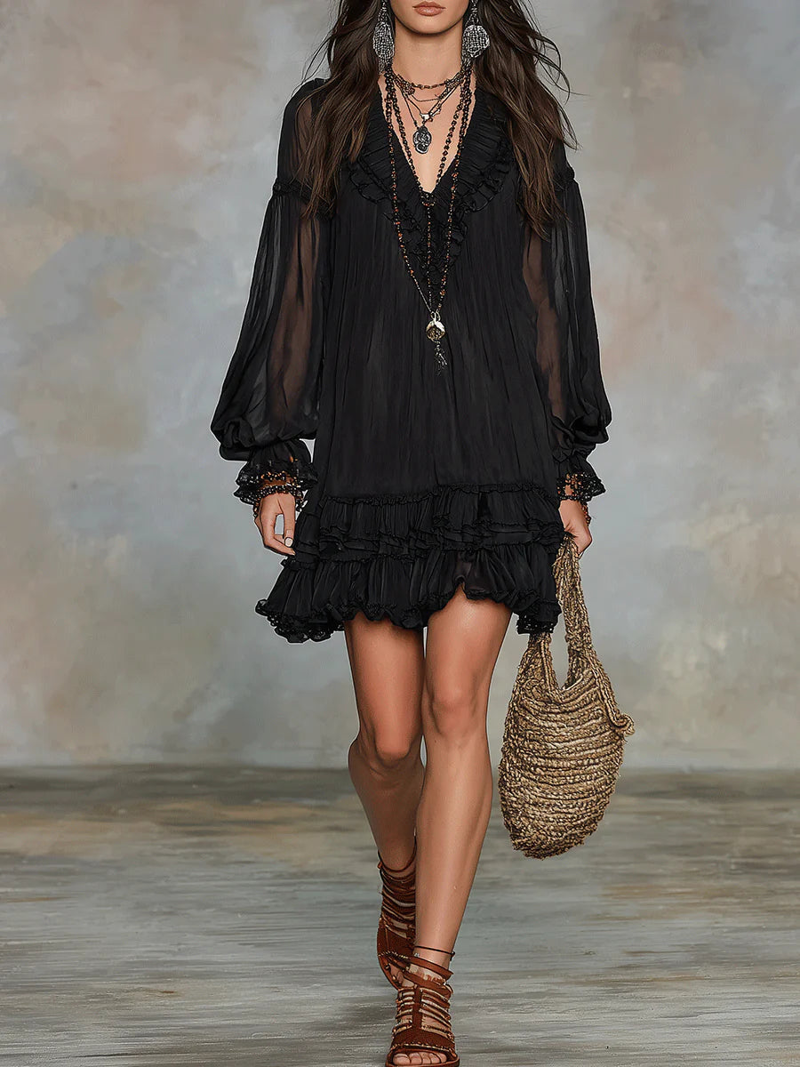 Abito Mini in Chiffon Nero con Maniche a Lanternina e Rouches