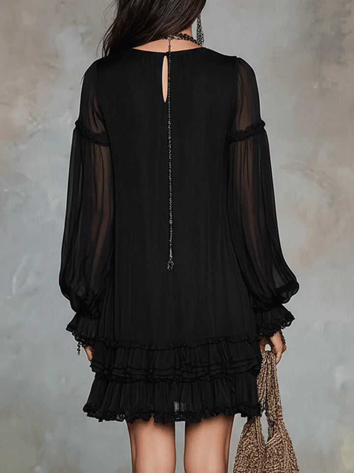 Abito Mini in Chiffon Nero con Maniche a Lanternina e Rouches
