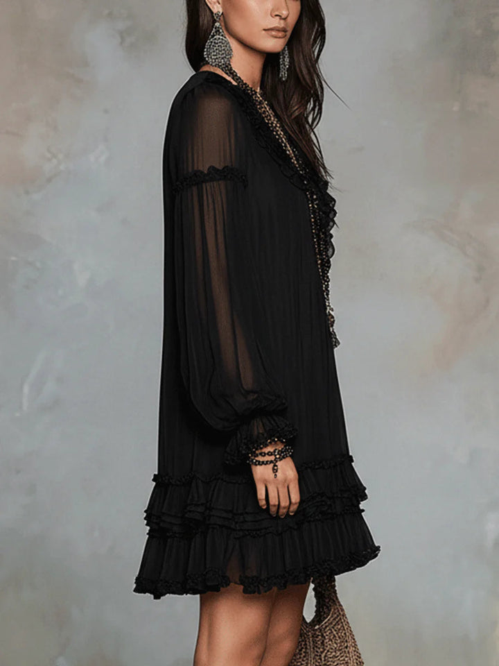Abito Mini in Chiffon Nero con Maniche a Lanternina e Rouches