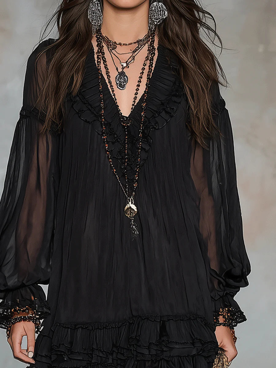 Abito Mini in Chiffon Nero con Maniche a Lanternina e Rouches
