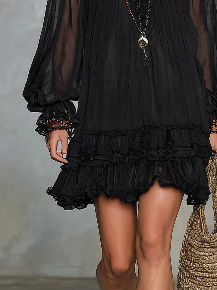 Abito Mini in Chiffon Nero con Maniche a Lanternina e Rouches