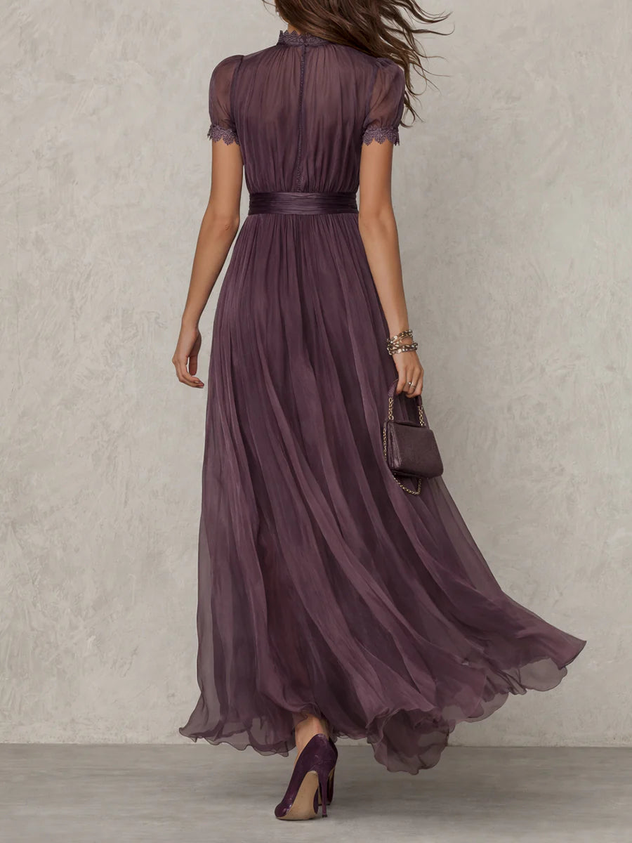 Abito Maxi in Chiffon con Collo a Fessura Viola