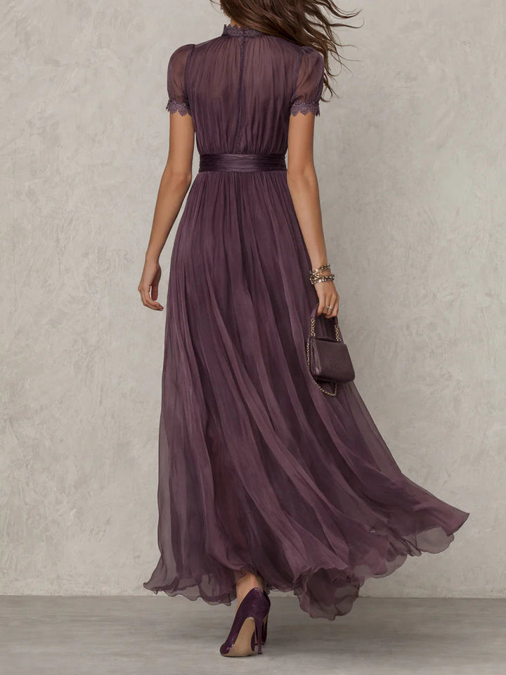 Abito Maxi in Chiffon con Collo a Fessura Viola