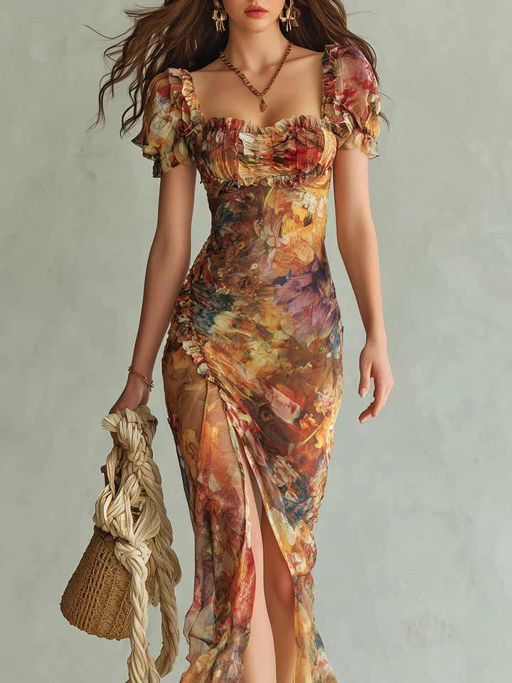 Abito Maxi Chiffon Stampa Olio Bohemien Arancione