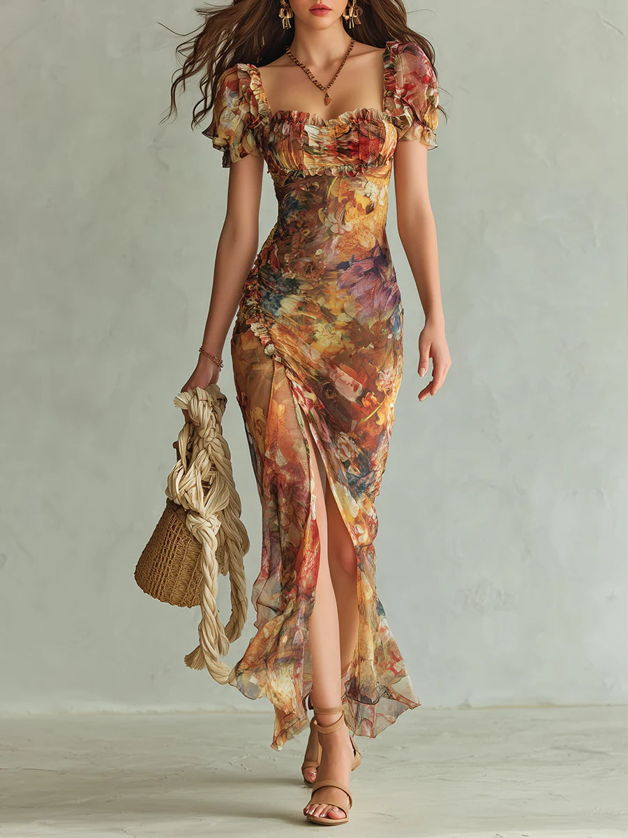 Stampa di Olio su Tela Bohemien Arancione Abito Maxi in Chiffon