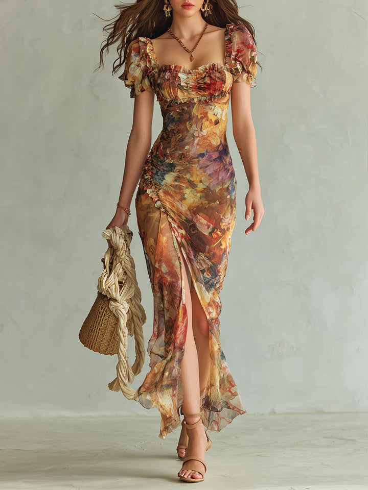 Abito Maxi Chiffon Stampa Olio Bohemien Arancione