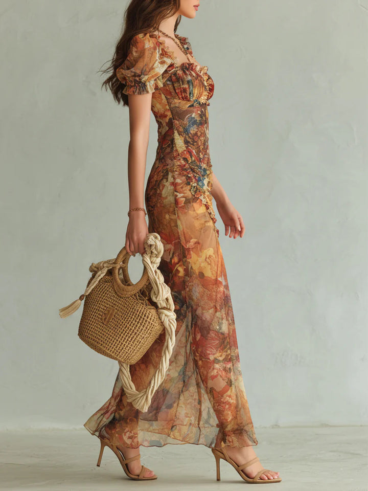 Abito Maxi Chiffon Stampa Olio Bohemien Arancione