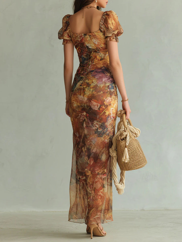 Abito Maxi Chiffon Stampa Olio Bohemien Arancione
